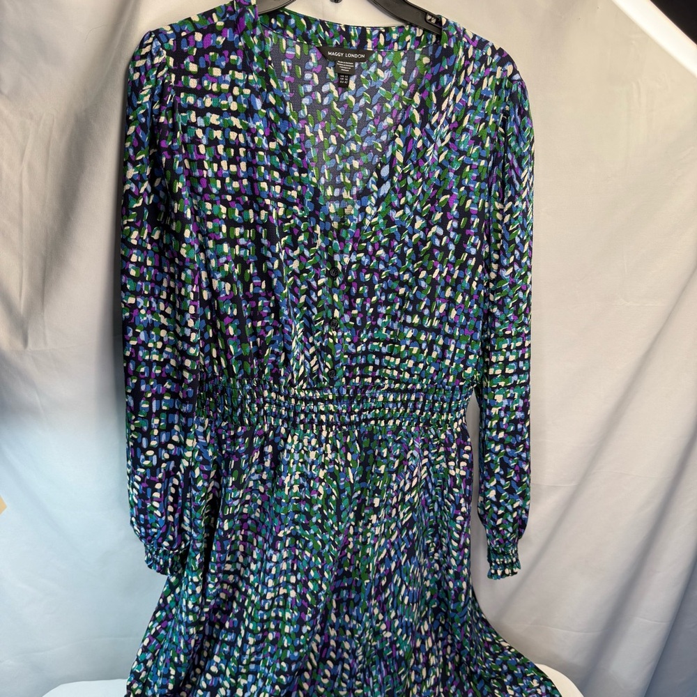 Maggy London Size 12 Green & Purple Printed Long Sleeve Dress